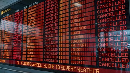 Airport Departure Board Showing "ALL FLIGHTS CANCELLED DUE TO SEVERE WEATHER" Causing Travel Disruption and Delays.