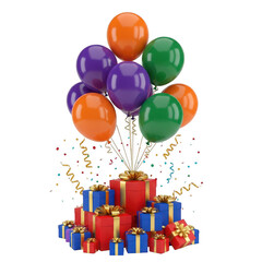 Colorful party balloons and gift boxes isolated on transparent background