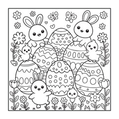Happy Easter! Black and white coloring pages for teens, adults, and kids featuring Easter elements.
