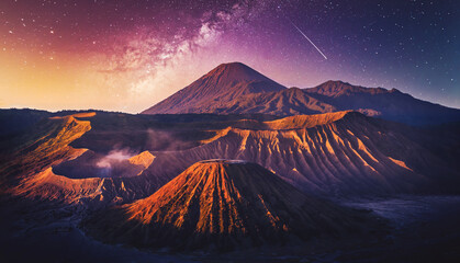 Mount Bromo volcano (Gunung Bromo) on night sky with milky way in Bromo Tengger Semeru National Park, East Java, Indonesia.