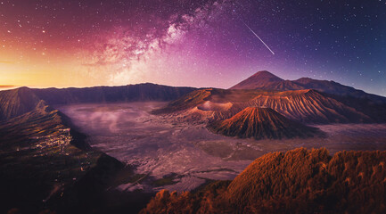 Mount Bromo volcano (Gunung Bromo) on night sky with milky way in Bromo Tengger Semeru National Park, East Java, Indonesia.
