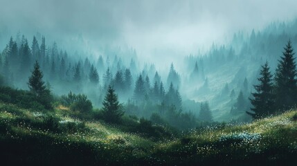 forest morning atmosphere with haze and soft light, peaceful nature scene, no people 