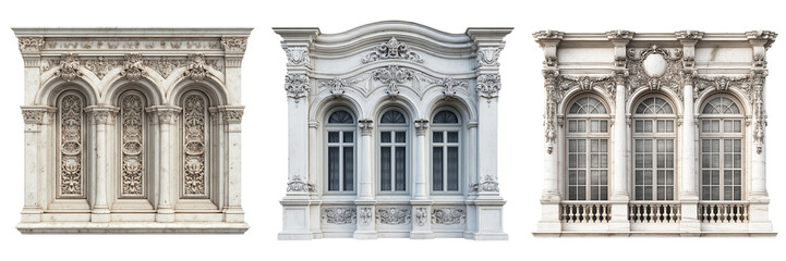 Set of Elegant neoclassical Victorian window featuring decorative columns and arched framing on transparent png background. Ai generated
