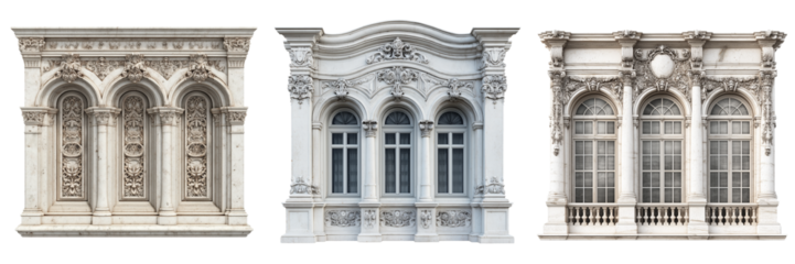 Set of Elegant neoclassical Victorian window featuring decorative columns and arched framing on transparent png background. Ai generated