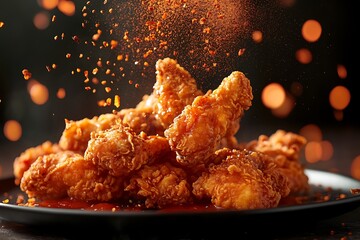 A platter of crispy fried chicken tenders flying apart, hot sauce and seasoning swirling 
