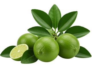 Fresh green limes with leaves isolated on a white background
