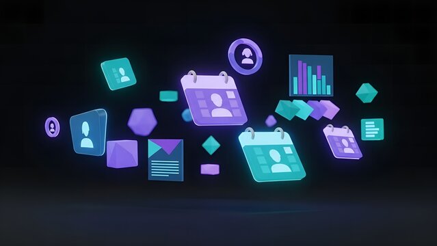Floating digital icons representing business intelligence, data analysis, and planning tools