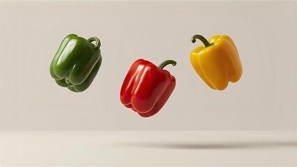Three bell peppers falling in mid-air, one green, one red, one yellow, against a plain, empty background, highly detailed, realistic lighting and shadows, isolated on neutral background