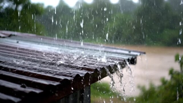 Heavy Rain Pounding on a Corrugated Metal Roof with Water Overflowing into a Muddy River in Slow Motion