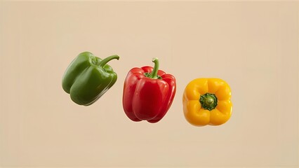 Three bell peppers falling in mid-air, one green, one red, one yellow, against a plain, empty background, highly detailed, realistic lighting and shadows, isolated on neutral background