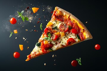 A savory vegetable pizza slice flying away with herbs and mozzarella chunks spinning 