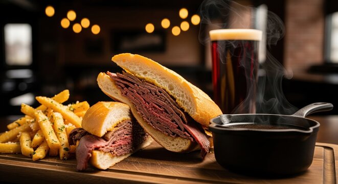 Roast beef dip sandwich with french fries and steaming au jus sauce on wooden board in pub