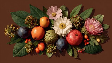 Creative autumn composition of seasonal fruits, leaves and summer flowers in a minimalist flat lay wreath on a brown background showing the changing seasons