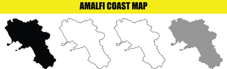 Obraz premium Amalfi coast map in four styles black silhouette white contour outline dotted for web and print design projects