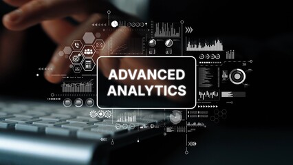 Dark Background Displaying Advanced Analytics Concept with Hands on Keyboard and Graphical Elements Representing Data Insights. Asymptotic smart data analytic.