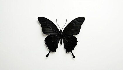 Obraz premium Black butterfly with spread wings on clean white backdrop. Minimalist insect graphic symbolizes transformation or elegance. Delicate creature art.
