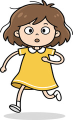 Cartoon girl running, short brown hair, yellow dress, surprised expression, motion pose, children illustration, urgency concept, playful action scene