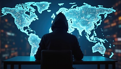 Hooded figure looks at glowing world map on screen. Person works on computer in dark room with city lights blurred in background. Hacker plans attack, analyzes data.