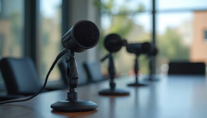 Conference room table set with microphones for audio recording. Seats are empty in modern office space. Ready for important business meeting or press event.