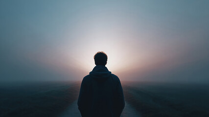 Close-up of a man, seen from behind, walking along a path toward the horizon, where a radial gradient of light invites closer approach. High-quality image. Concept: Finding oneself