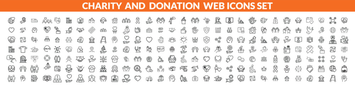 Charity and Donation set of web icons in line style. Volunteering and donation icons for web and mobile app. Help, caring, solidarity, alms, donate, volunteer, care, charity and more.  big icon set.