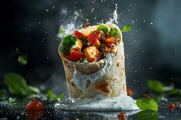 A spicy paneer tikka wrap breaking mid-air, surrounded by yogurt sauce and mint leaves 