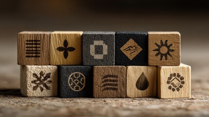 Core values message displayed on wooden cubes representing company principles and strategy relating to customer relationships and growth