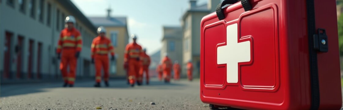 Red first aid kit stands ready. Emergency responders in orange gear march in background. Medical supplies and life saving equipment for urgent aid.