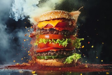 A thick, juicy halal beef cheeseburger exploding with colorful layers of tomato, lettuce, and sauce 
