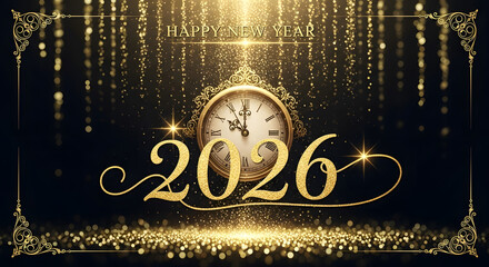 New Year 2026 Celebration with Golden Glitter and Festive Clock.