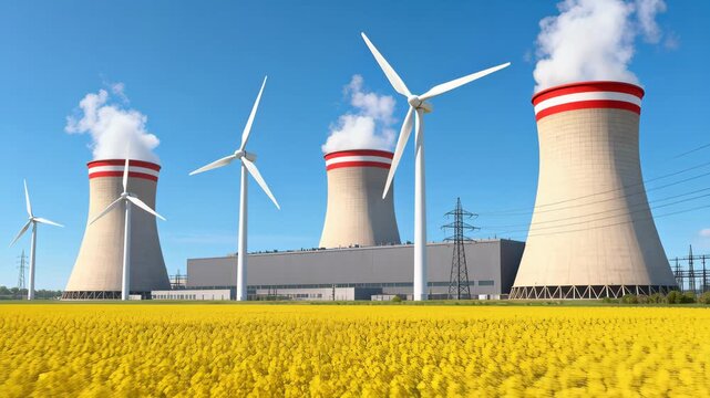 Nuclear power plant cooling towers rise behind wind turbines beside a bright yellow rapeseed field and clear blue sky, with open empty space suitable for text or design and visible power lines and ind