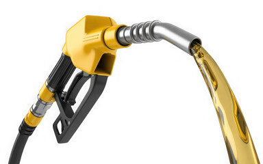 Yellow fuel nozzle dispensing golden liquid isolated on a transparent background