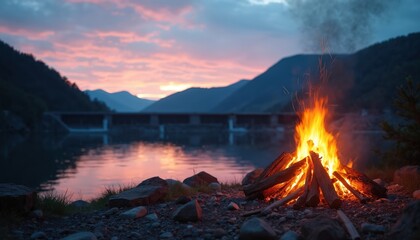 Campfire burns by lake at twilight, mountains in background. Warm flames glow over water, casting shadows. Peaceful outdoor scene suggests relaxation and good times.