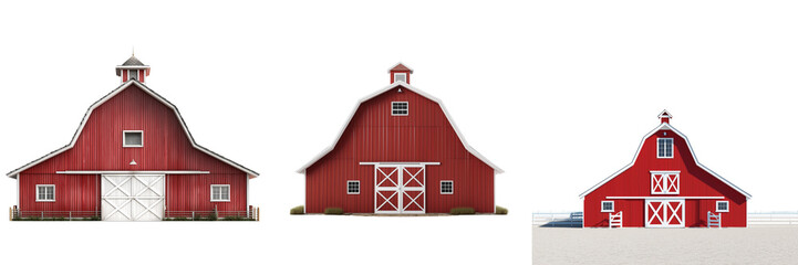 Set of Realistic illustration of a red barn with smaller barn behind on transparent png background. Ai generated