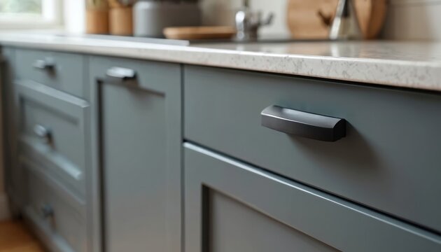 Close-up on modern grey kitchen cabinets with black handles. Shows drawers and doors with clean lines. Countertop provides contrast. Interior detail shot.