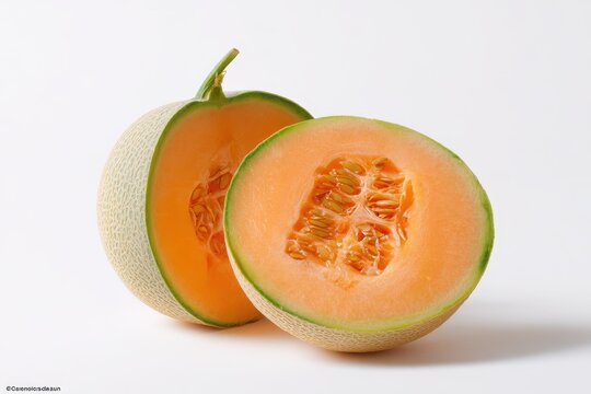 Vibrant Charentais Melon Slice: Fresh Orange Pulp with Seeds Against a Clean White Studio Background