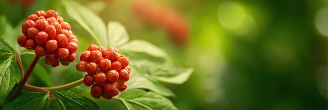 Vibrant Panorama of Siberian Ginseng: Bunch of Eleutherococcus Senticosus in a Serene Garden Setting