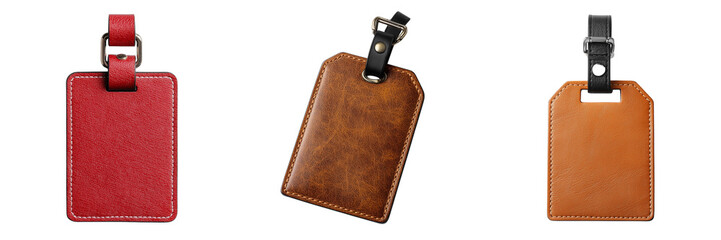 Set of Red vintage leather luggage tag showing natural wear and metal ring hardware, placed on a smooth on transparent png background. Ai generated