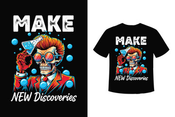 Make new discoveries cool skull scientist illustration for t-shirt design