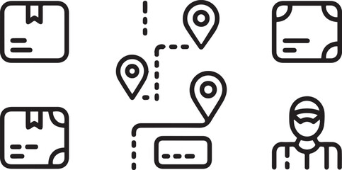 Line delivery tracking and logistics icons illustrating shipment route, location pins, and courier