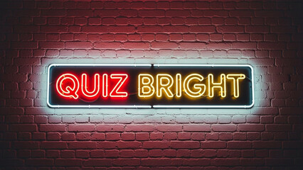 Fototapeta premium Vibrant neon quiz sign on brick wall background
