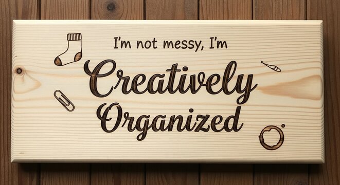 Wooden sign with funny quote I am not messy I am creatively organized text engraved on board