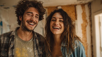Smiling couple in a home renovation project covered in paint dust
