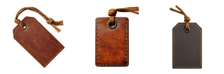 Set of Top-down view of a brown leather tag with embossed circles and dots on transparent png background. Ai generated