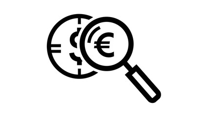 Currency Investigation: Magnifying glass scrutinizes a currency symbol, highlighting financial analysis and examination.