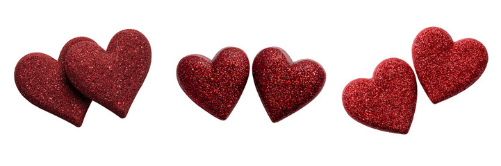 Set of Two glossy heart-shaped decorations positioned close together on a pure on transparent png background. Ai generated