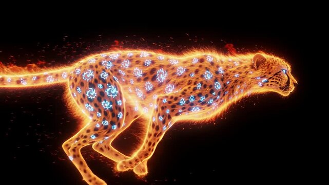 Glowing cheetah runs across a dark background with ample empty space for text and strong contrast that supports graphic layouts and branding use, showing a neon spotted body and fiery trail suggesting