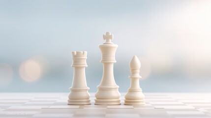 Three white chess pieces are arranged on a checkered board