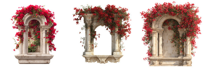 Set of Weathered stone arch surrounded by vibrant red blooms and fresh green foliage highlighting a window on transparent png background. Ai generated