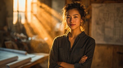 Portrait of a Confident Woman in a Sunlit Workshop Setting